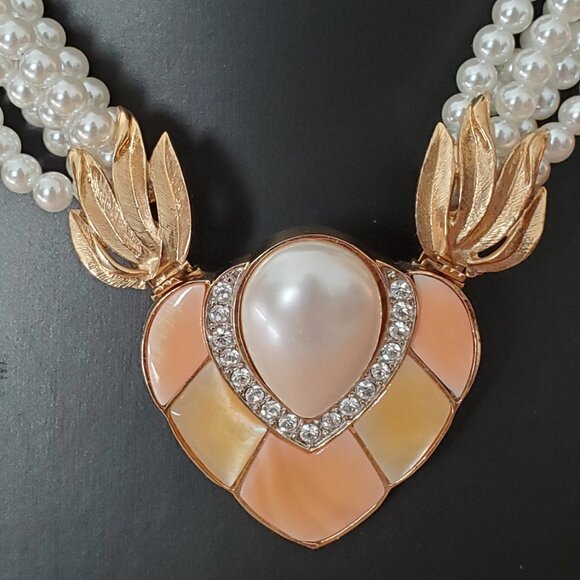 Butler FAC Mother of Pearl Faux Pearl and Crystal Earring, Necklace, Brooch Set - Picture 5 of 10